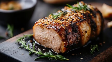 A beautifully cooked roast pork, featuring a golden, crispy herb crust and succulent meat. Garnished with aromatic herbs for added visual appeal.