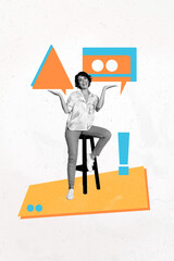 Artwork creative sketch 3D photo collage of young lady sit smile armchair hand hold speech...