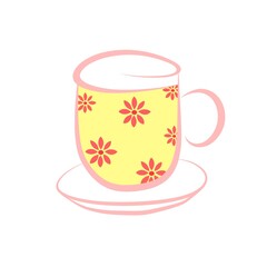 Cute yellow teacup with pink floral patterns and a matching saucer, drawn in a simple, feminine style. Ideal for decorative, vintage, or cozy tea-themed designs