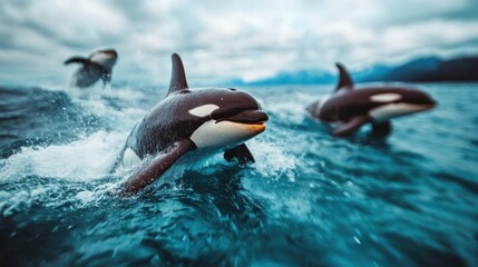 Fototapeta premium A captivating image of playful orcas breaching the surface of the turquoise ocean, showcasing their grace and intelligence in their natural habitat, resonating joy and freedom.