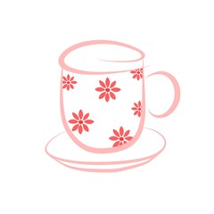 Simple illustration of a pink floral teacup with matching saucer on a white background. Perfect for feminine, cute, or vintage-style designs and icons.
