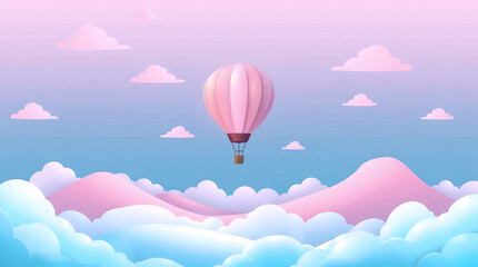 Obraz premium pastel hot air balloon flying above pink and blue fluffy clouds, dreamy travel scene with surreal sky and soft mountain waves
