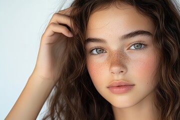 Naklejka premium Teen girl dabbing moisturizer on forehead on white background, gentle touch with glowing skin, natural routine in bright soft-lit setting