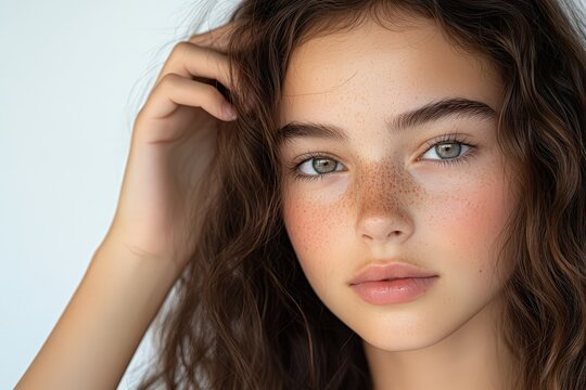  Teen girl dabbing moisturizer on forehead on white background, gentle touch with glowing skin, natural routine in bright soft-lit setting