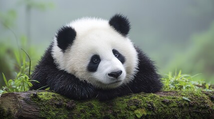Fototapeta premium Giant panda resting on moss-covered rock in bamboo forest, soft morning fog, wildlife photography style, f/2.8, natural ambient light --ar 16:9 --v 7.0 --style raw --c 20 --s 20 ﻿