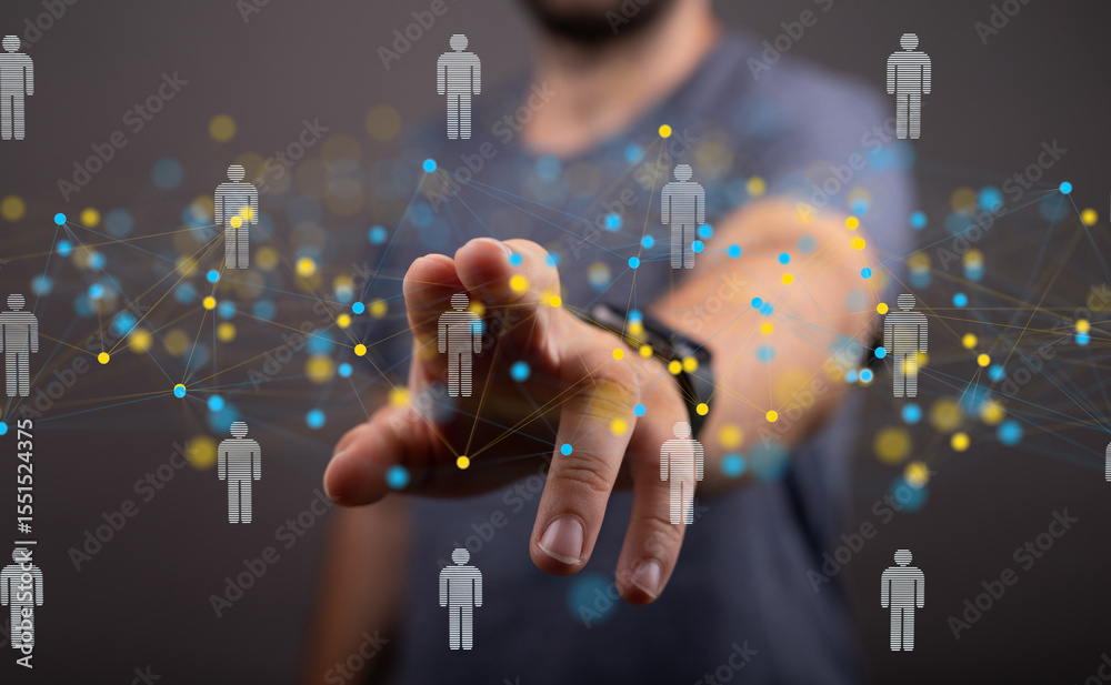 Poster Man interacts with a digital network of people, symbolizing global connections and teamwork.