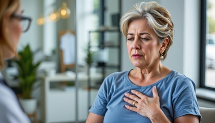 middle aged woman with tense expression holding upper chest showing symptoms of high blood pressure in clinical indoor setting