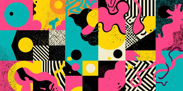Playful and artistic abstract Memphis background with expressive shapes, vivid colors, and textured details. Great for creative projects, branding, posters, and digital artwork.