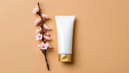 White cosmetic tube with delicate pink flowers on beige background