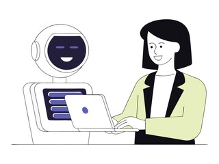 Woman using laptop with friendly robot assistant digital technology