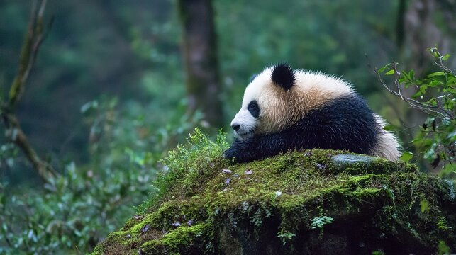 Giant panda resting on moss-covered rock in bamboo forest, soft morning fog, wildlife photography style, f/2.8, natural ambient light --ar 16:9 --v 7.0 --style raw --c 20 --s 20
