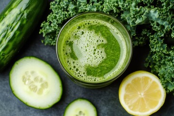 Nutrient-rich green smoothie with kale and apple kitchen food photography clean environment top-down view health concept for optimal nutrition