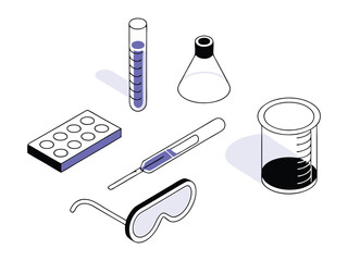 Isometric illustration of laboratory equipment and supplies
