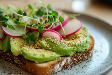 Indulging in gourmet avocado toast a cozy  setting food photography fresh ingredients close-up view of microgreens and radishes