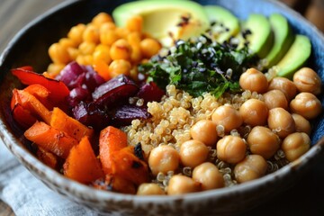 Vibrant buddha bowl filled with quinoa roasted vegetables and fresh avocado healthy meal rustic kitchen close-up culinary art