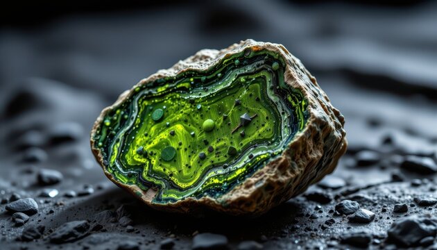 raw uranium ore with greenish tint resting on dark stone surface under moody side lighting highlighting radioactive mineral texture and geological rarity