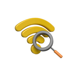 Magnifying glass examining a yellow wifi symbol on a black background
