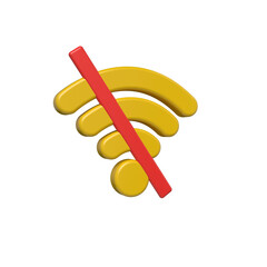 3d rendered yellow wifi symbol with a red diagonal line indicating no signal
