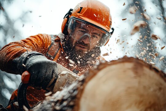  Lumberjack cutting tree on white background, man in safety gear using chainsaw, chips flying, trunk mid-cut with visible rings