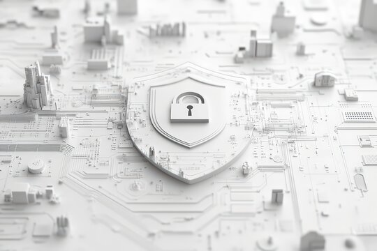  Personal data protection concept on white background, abstract shield and lock with digital lines and encrypted grid overlay