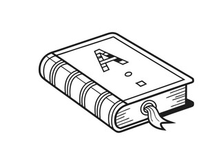 Vector art of black and white illustration of a book with the letter a on the cover, isolated on white background