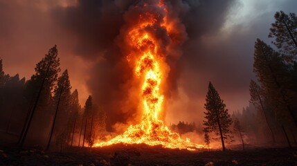 A dramatic forest fire erupts, creating an intense and visually striking scene of towering flames amidst tall pine trees, highlighting both the threat and beauty of natural disasters.