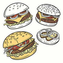 Vector art of four delicious hamburgers with various toppings and ingredients, isolated on a white background