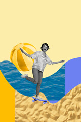 3d trendy image photo collage of happy girl ride skateboard beach water sea sand summer vacation...