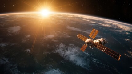 Obraz premium A stunning view of a satellite in space, capturing a breathtaking sunrise over Earth, showcasing the beauty of our planet and the wonders of modern technology.