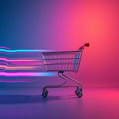A shopping cart in motion with colorful motion blur trails, symbolizing fast e-commerce, isolated on a gradient background, cinematic lighting, minimalist futuristic look