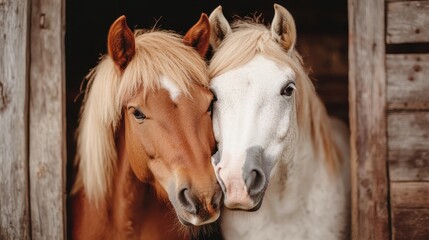 Naklejka premium A heartwarming image of two horses, one brown and one white, nuzzling each other in a rustic barn, symbolizing companionship and loyalty in a serene environment.