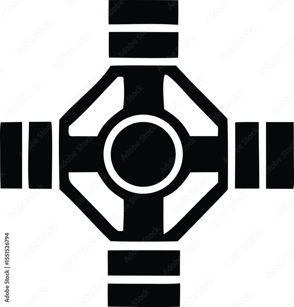 Poster geometric abstract symbol featuring a central circle surrounded by four interconnected rectangular a