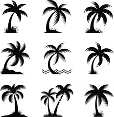 Obraz premium black palm tree silhouettes set, tropical palm tree collection with island and beach elements