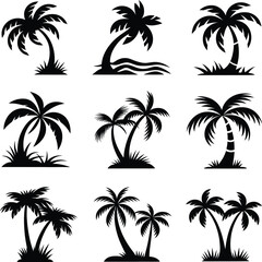 Obraz premium black palm tree silhouettes set, tropical palm tree collection with island and beach elements