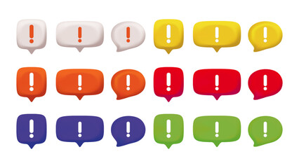 3D Exclamation Chat Bubble Icons – Red, Orange, Yellow, Purple, Green, and White Notification Symbols for Info Alerts and Colorful UI Messaging Design. Vector.