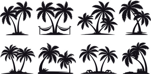 tropical coconut, palm tree silhouette set, vector illustration