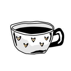 Coffee and tea cup icon in hand drawn style. Craft ceramic mug decorated with hearts. Doodle pretty coffee mug. Vector isolated illustration.