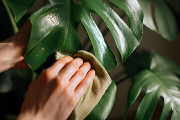 Hands gently wiping dust off the glossy leaf of a Monstera plant with a damp cloth, showcasing care for nature.