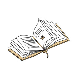 Hand drawn open book or notebook with a bookmark, doodle sketch drawing. Vector vintage book isolated on white background. Graphic illustration