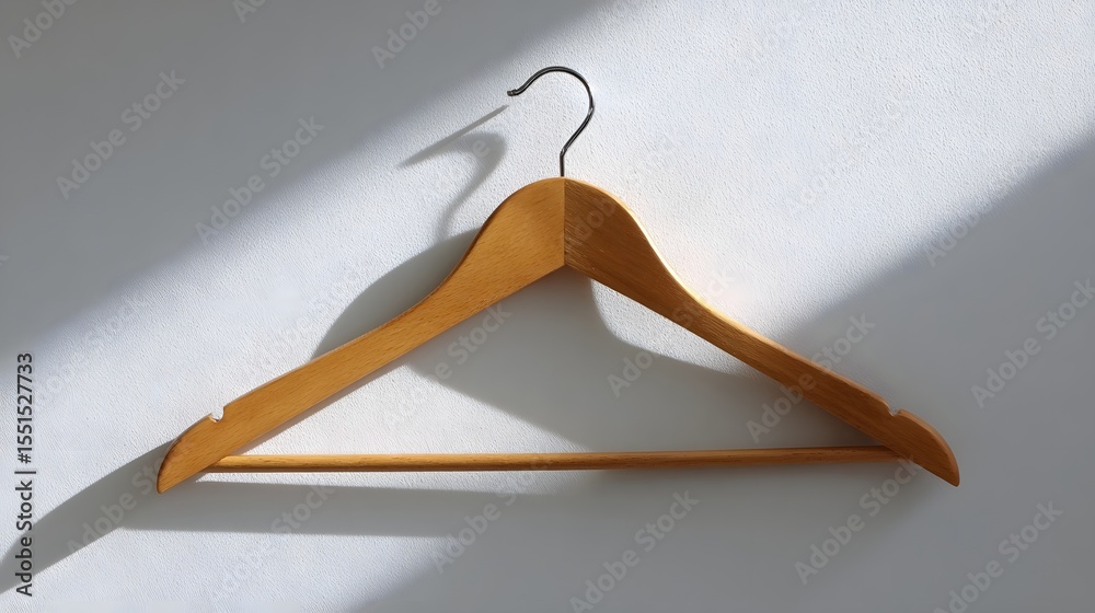 Poster a simple wooden clothes hanger suspended on a plain white wall creating a clean and minimalist compo