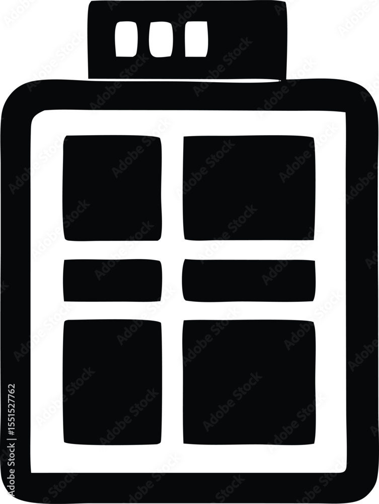 Poster stylized black and white icon representing a digital interface with multiple windows and a top menu 