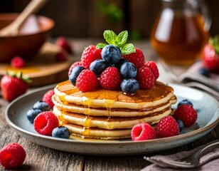 Pancakes with Berries and Honey on a Rustic Plate – Cozy Kitchen Scene