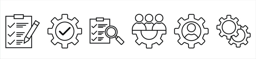 Project Management and Task Planning Icons – Checklist, Teamwork, and Settings Line Icon Set