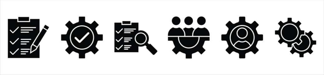 Project Management and Task Planning Icons – Checklist, Teamwork, and Settings Line Icon Set