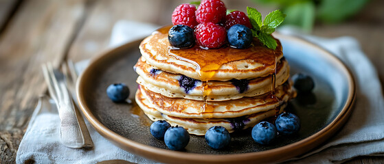 Stack of Blueberry Pancakes Topped with Fresh Berries and Honey