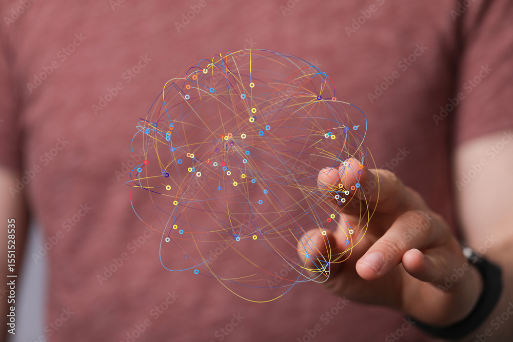 Poster A hand interacts with a digital sphere representing a network.  Ideal for technology, connection, and global concepts.