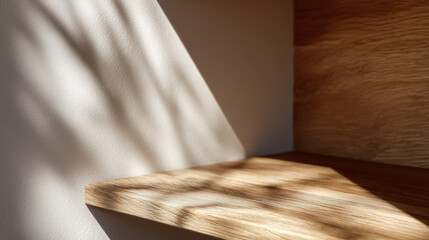 Sunlit Wooden Shelf with Natural Shadows