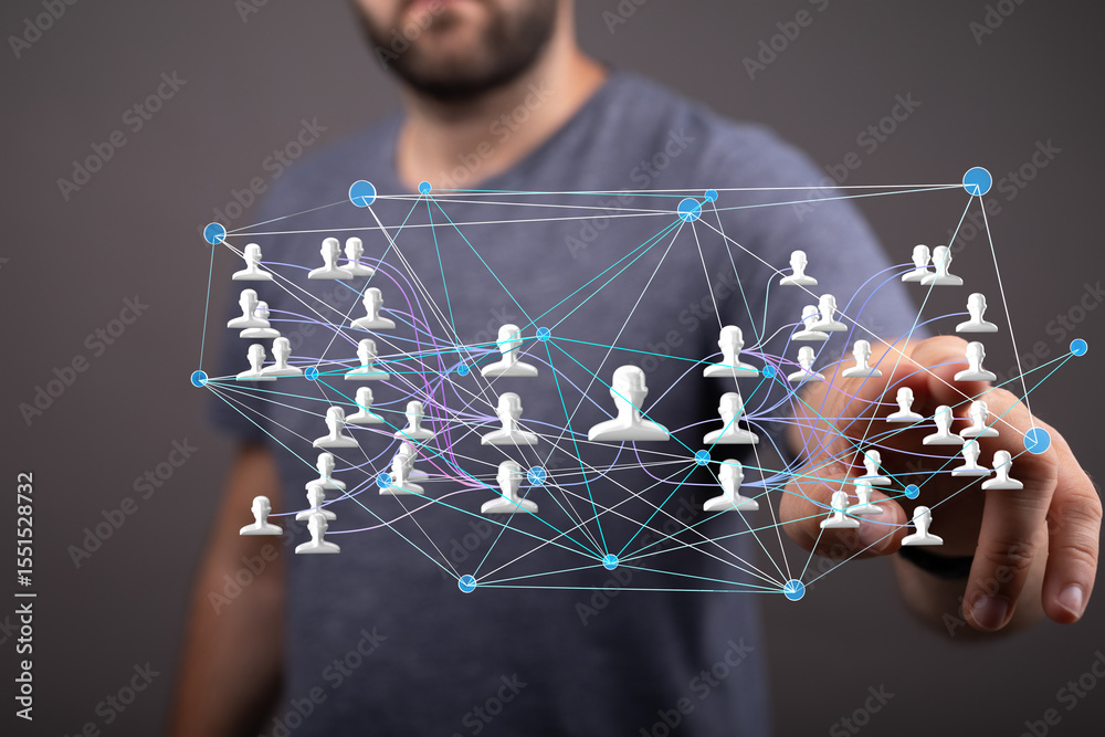 Aufkleber image of a man interacting with a digital network visualization, showing interconnected people.