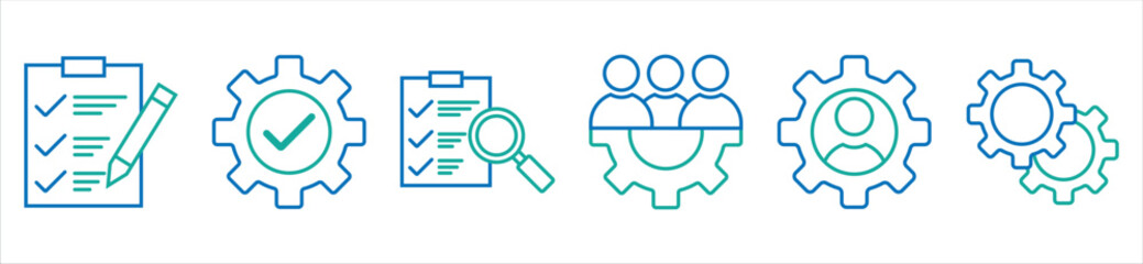Project Management and Task Planning Icons – Checklist, Teamwork, and Settings Line Icon Set
