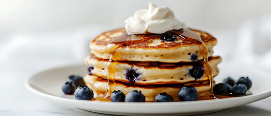 Stack of Blueberry Pancakes Topped with Whipped Cream and Syrup